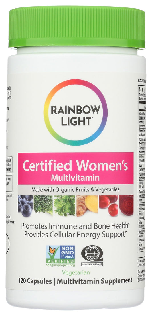 Botella del multivitamínico orgánico para mujeres de Rainbow Light con 120 cápsulas