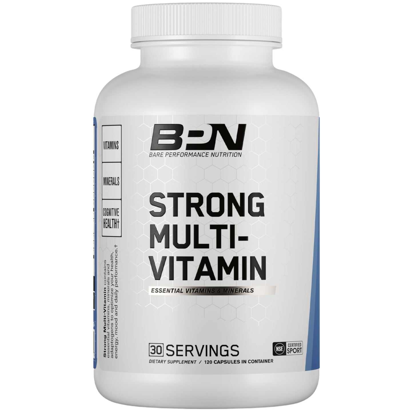 Botella blanca de suplementos multivitamínicos BPN con vitaminas esenciales.