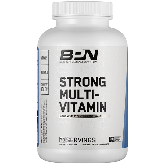 Botella blanca de suplementos multivitamínicos BPN con vitaminas esenciales.