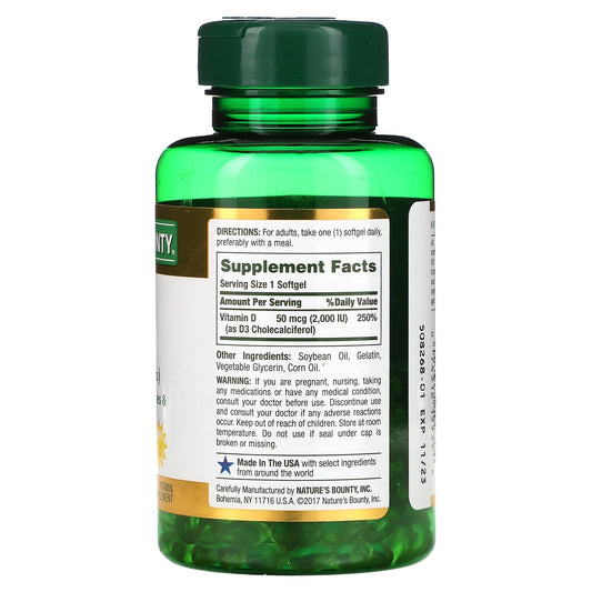 Botella Nature's Bounty vitamina D3 para soporte óseo y muscular