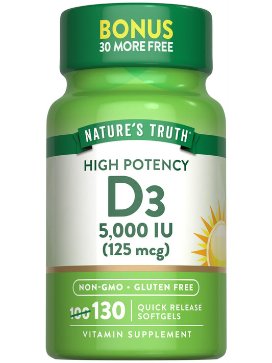 Botella de Nature's Truth vitamina D3 5000 UI softgels