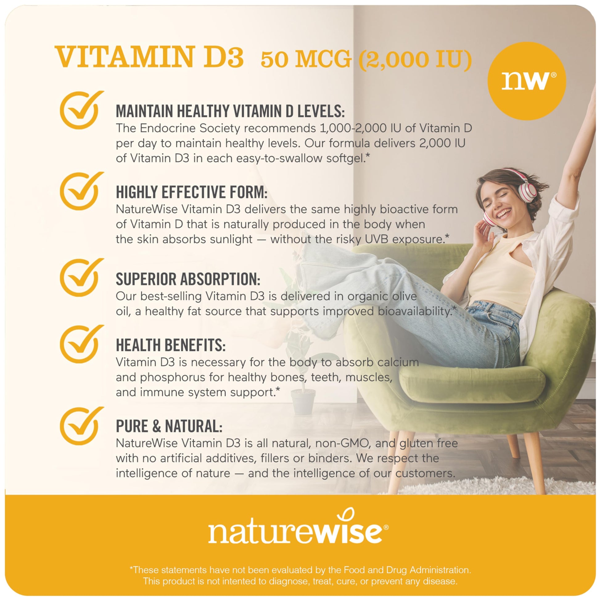Botella NatureWise con cápsulas vitamina D3 para 1 año de uso