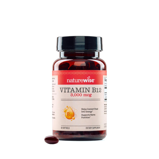 Botella NatureWise vitamina B12 3000 mcg cápsulas rojas