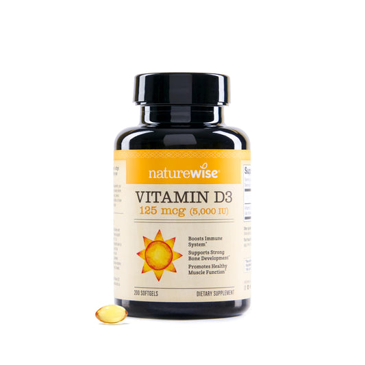 Botella NatureWise de vitamina D3 5000 IU en aceite de oliva virgen extra 200 softgels