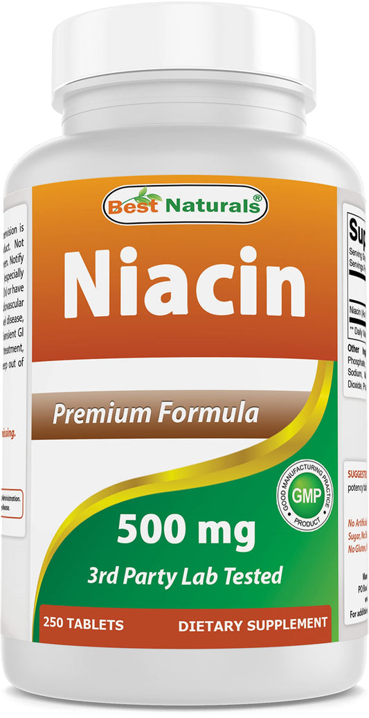 Botella de niacina 500 mg Best Naturals con 250 tabletas