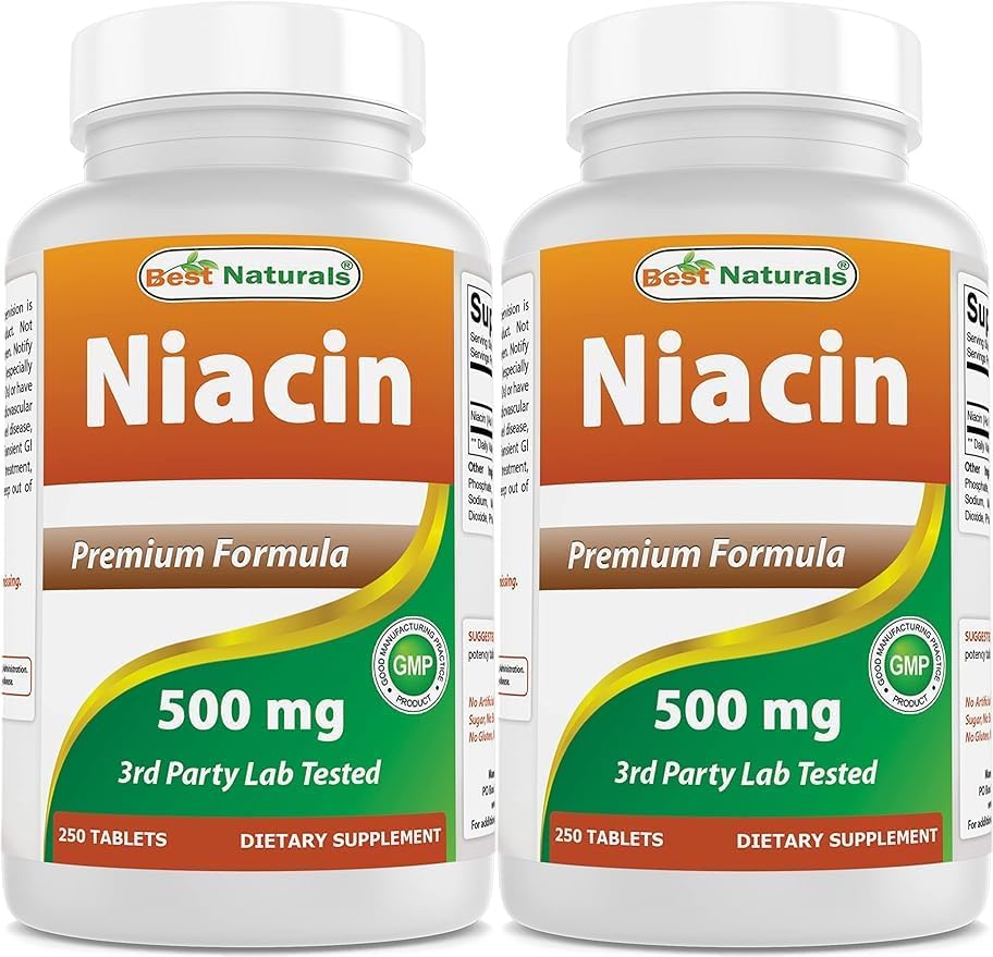 Botella de Niacina Best Naturals 500 mg 250 tabletas paquete de 2