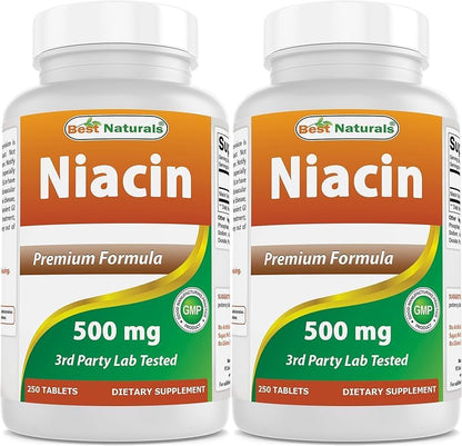 Botella de Niacina Best Naturals 500 mg 250 tabletas paquete de 2