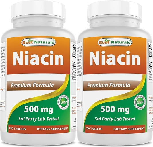 Botella de Niacina Best Naturals 500 mg 250 tabletas paquete de 2