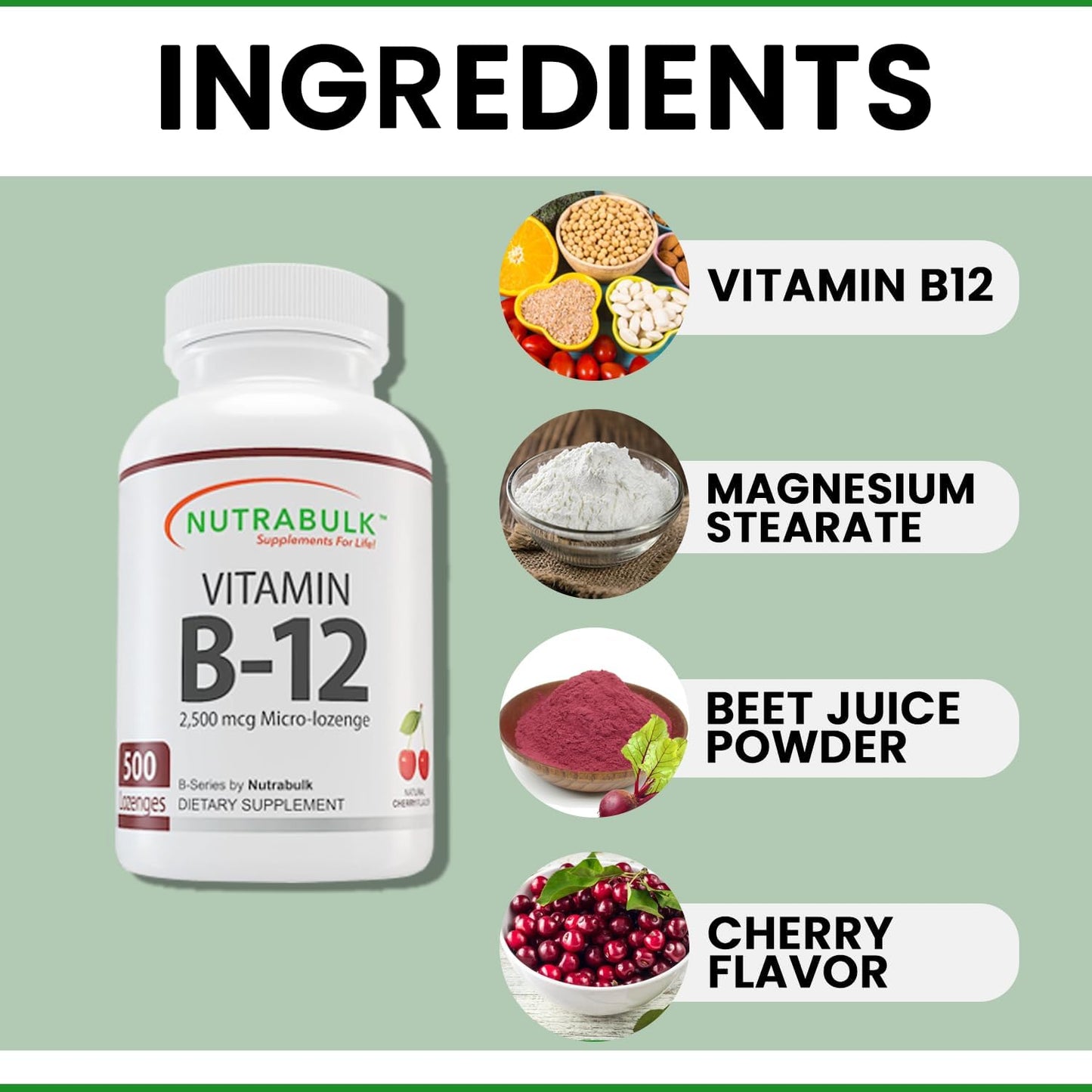Botella NutraBulk vitamina B-12 2500mcg cápsulas sabor cereza