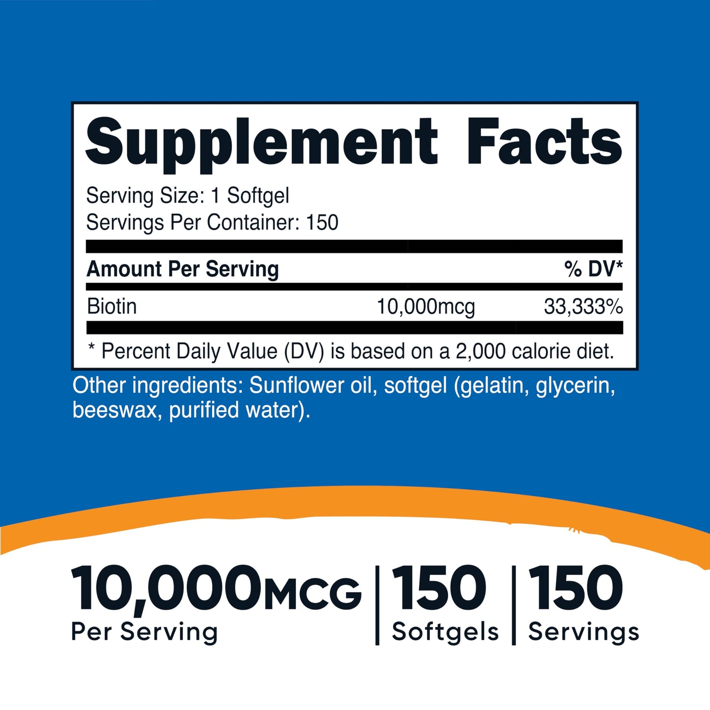 Botella de Nutricost biotina 10000mcg 150 cápsulas blandas