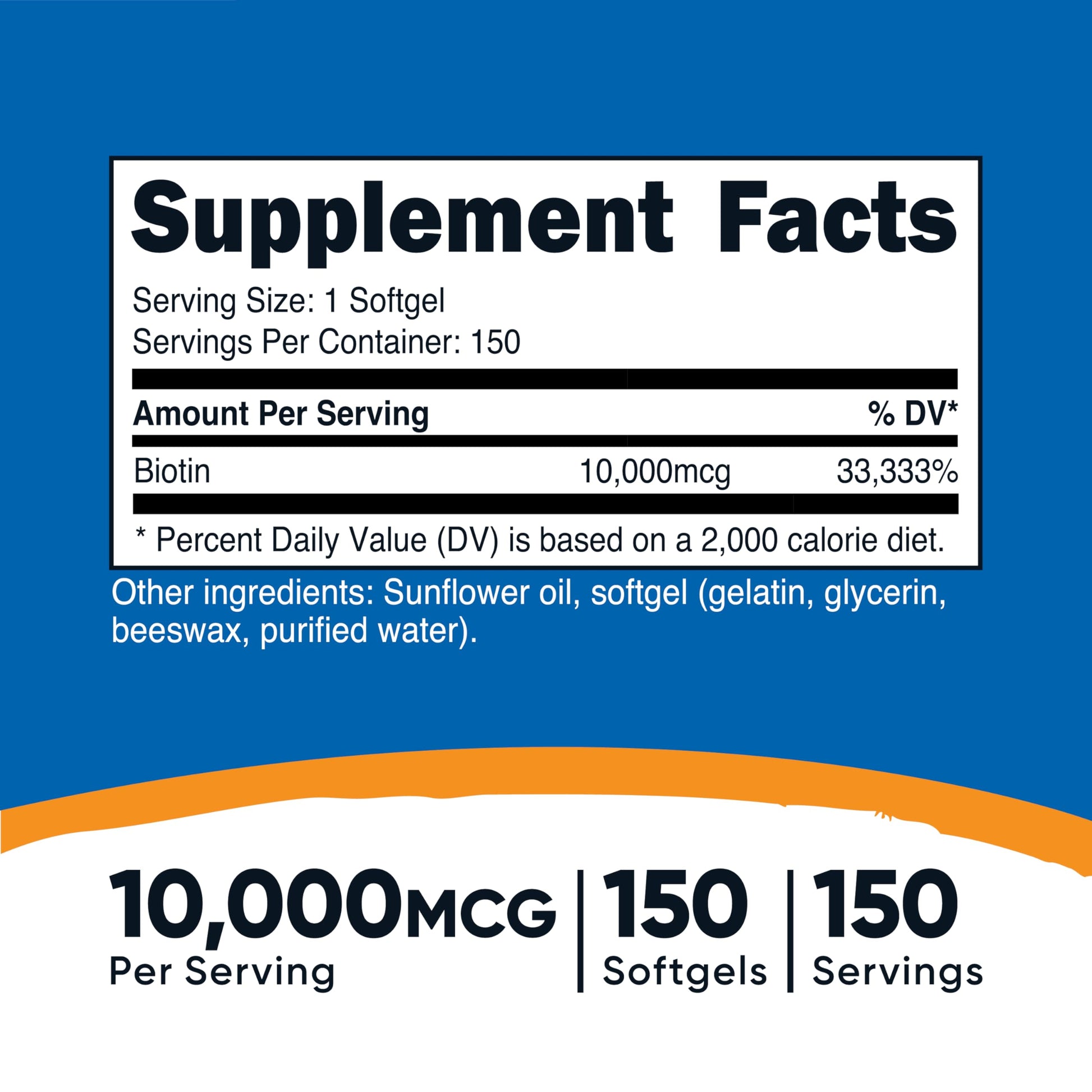 Botella de Nutricost biotina 10000mcg 150 cápsulas blandas