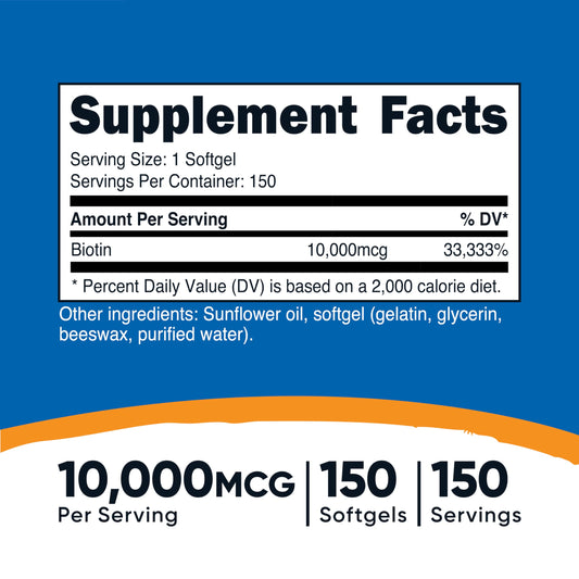 Botella de Nutricost biotina 10000mcg 150 cápsulas blandas