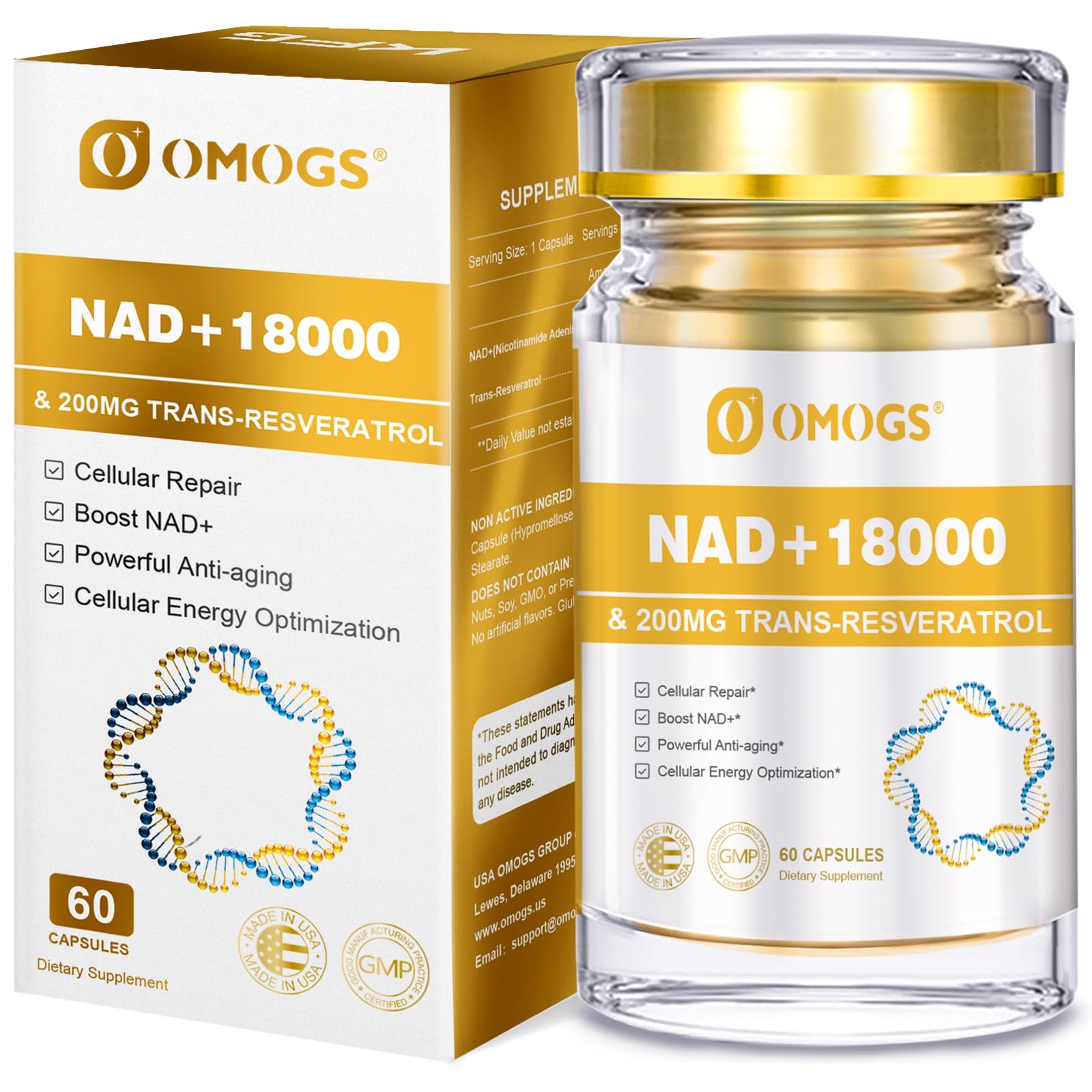 Botella OMOGS NAD+ suplemento energético y anti envejecimiento