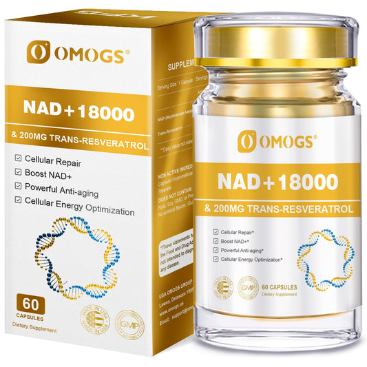 Botella OMOGS NAD+ suplemento energético y anti envejecimiento