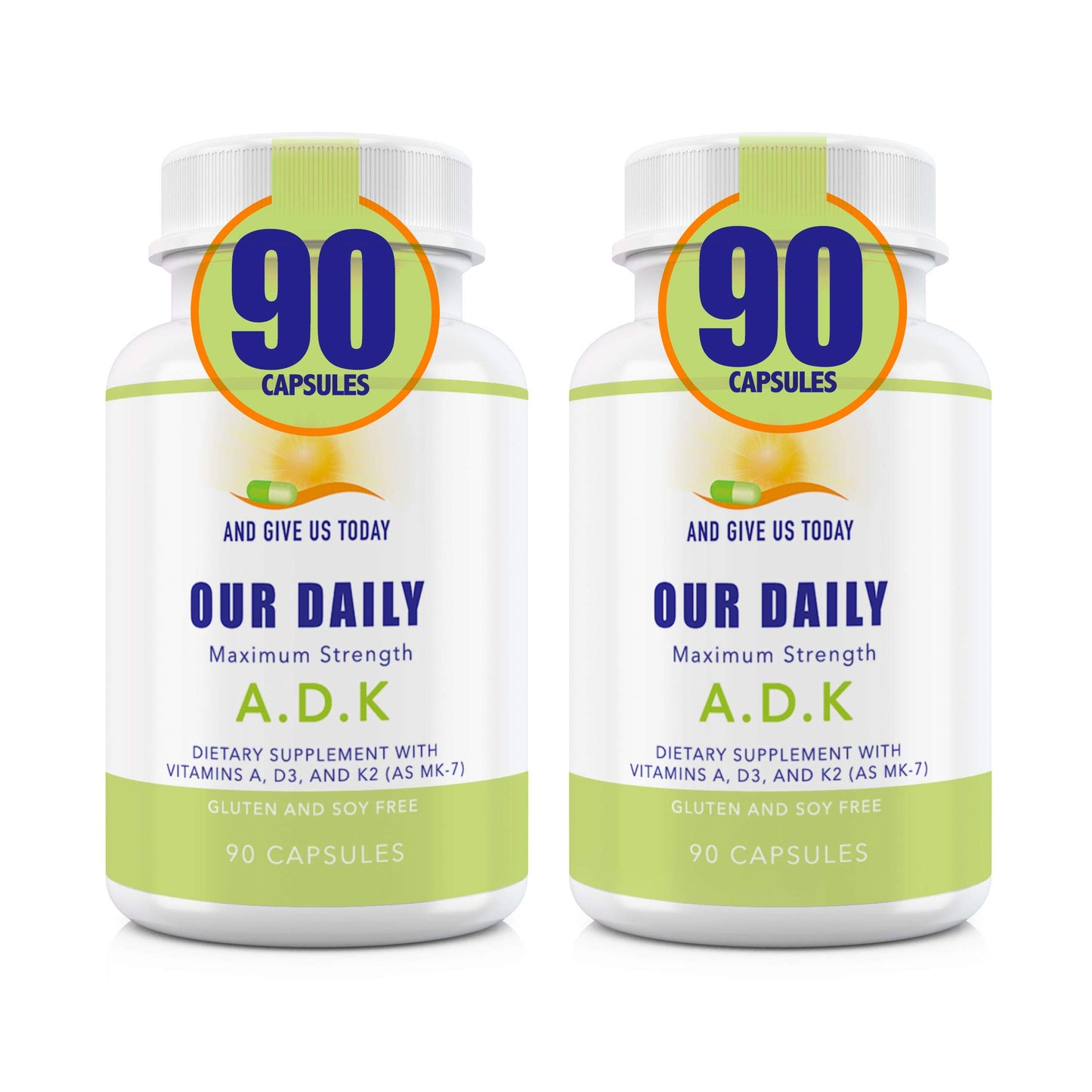Botella Our Daily Vites ADK vitaminas A D3 K2 180 cápsulas