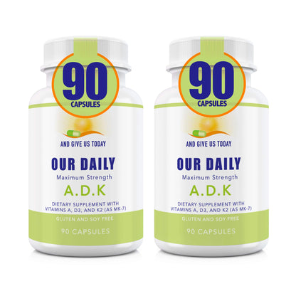 Botella Our Daily Vites ADK vitaminas A D3 K2 180 cápsulas