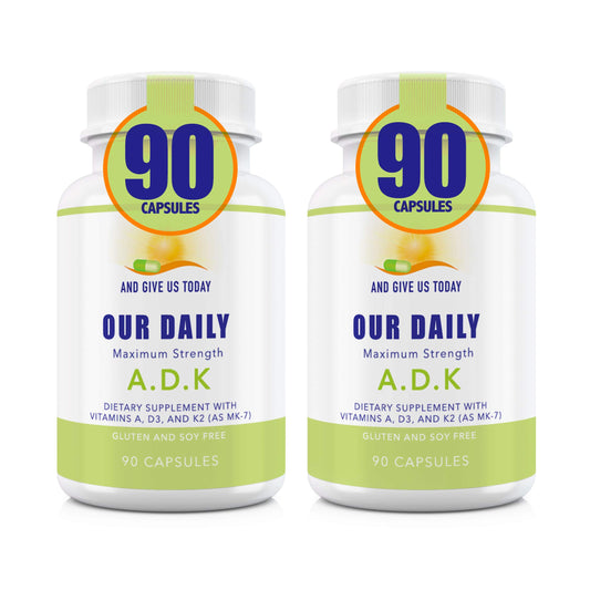 Botella Our Daily Vites ADK vitaminas A D3 K2 180 cápsulas
