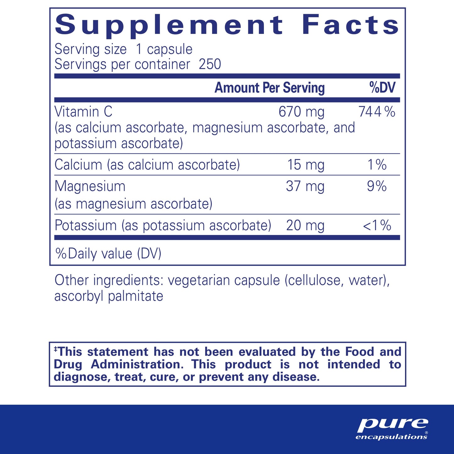 Botella Pure Encapsulations vitamina c ácido ascórbico buffer