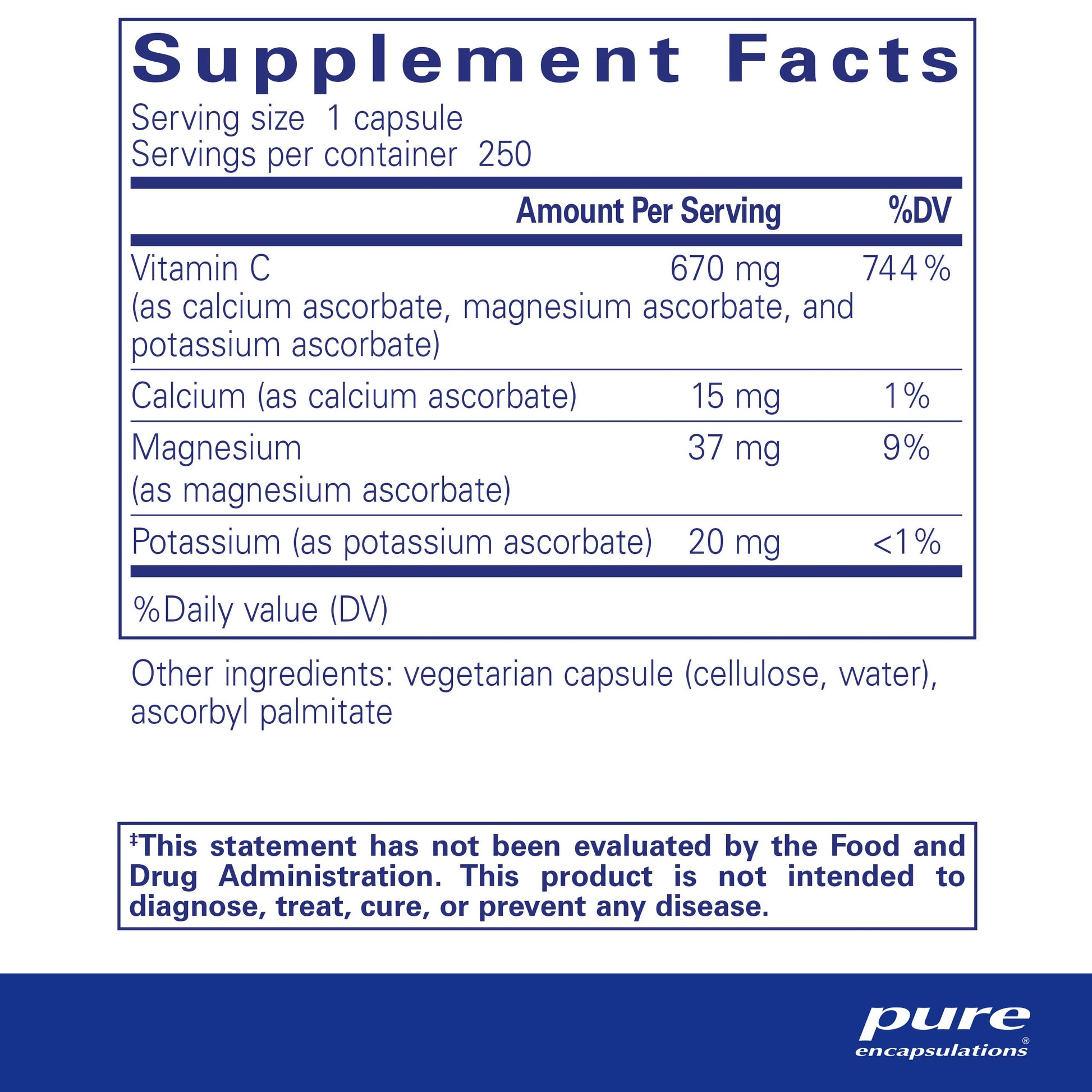 Botella Pure Encapsulations vitamina c ácido ascórbico buffer