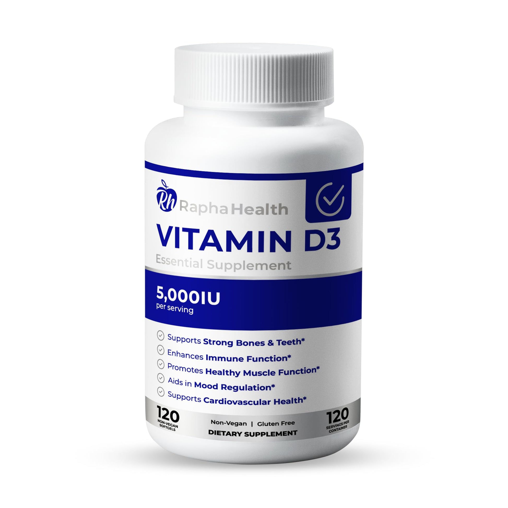Botella RAPHA HEALTH vitamina d3 5000 ui alta potencia 120 cápsulas