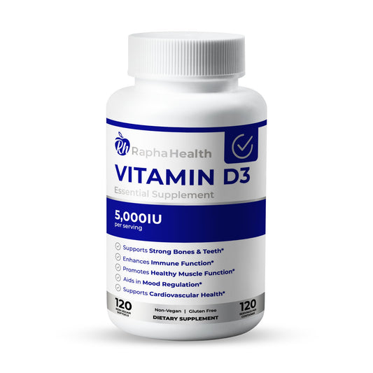 Botella RAPHA HEALTH vitamina d3 5000 ui alta potencia 120 cápsulas