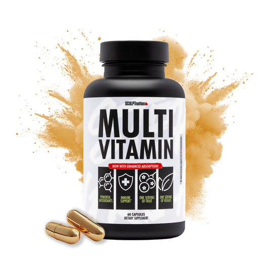 Botella Sculpt Nation multivitamínico con cápsulas diarias para nutrición completa.