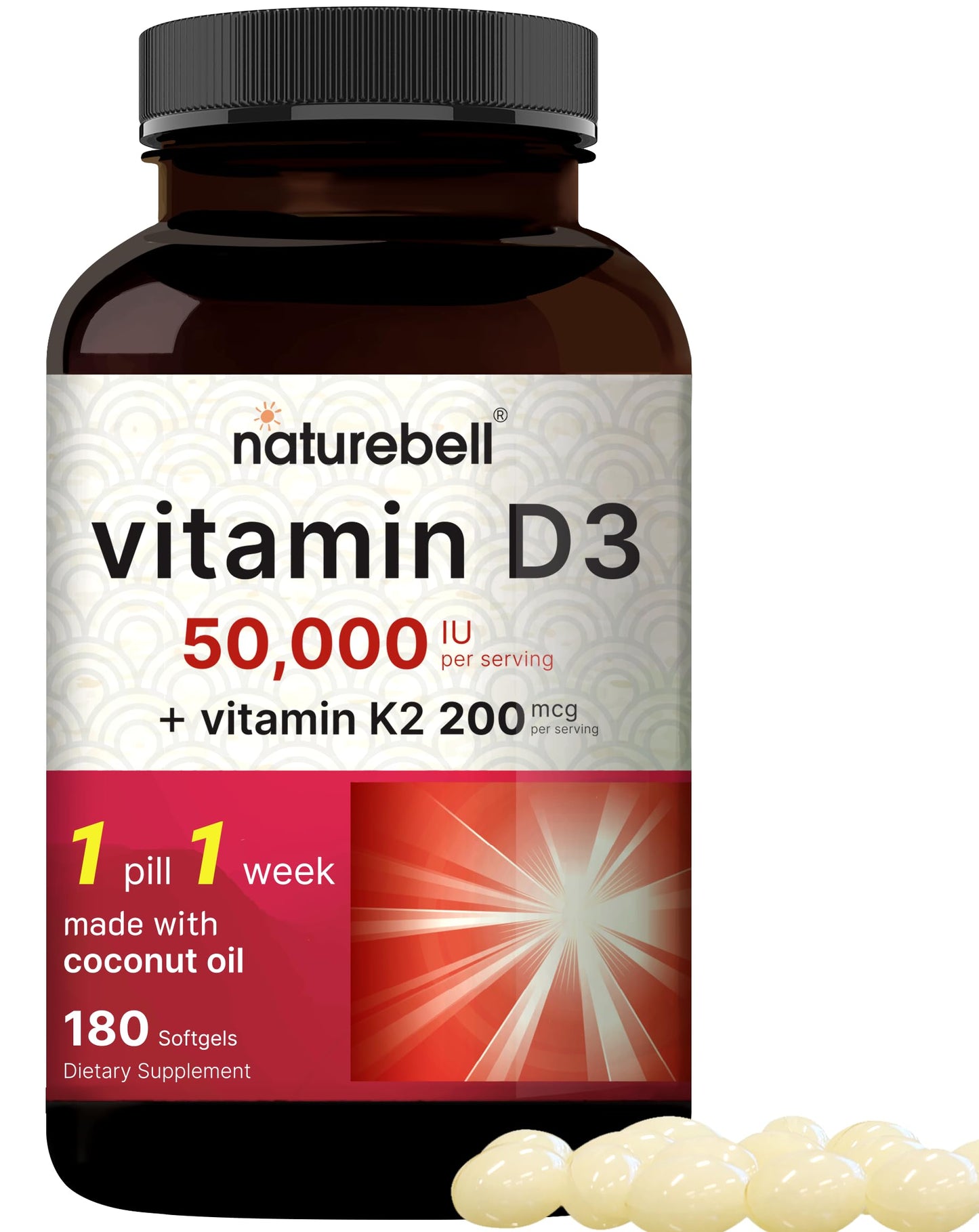 Botella de softgels NatureBell vitamina D3 K2 con aceite de coco