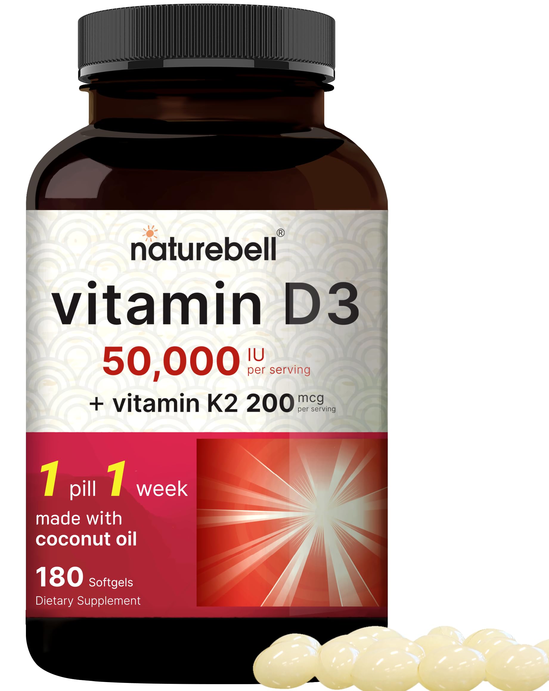 Botella de softgels NatureBell vitamina D3 K2 con aceite de coco