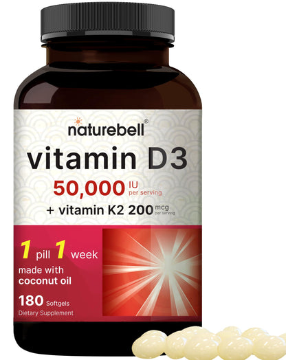 Botella de softgels NatureBell vitamina D3 K2 con aceite de coco
