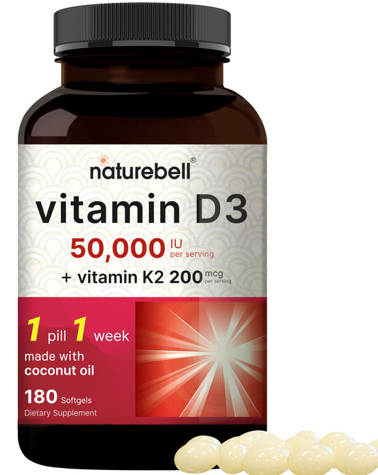 Botella de softgels NatureBell vitamina D3 K2 con aceite de coco