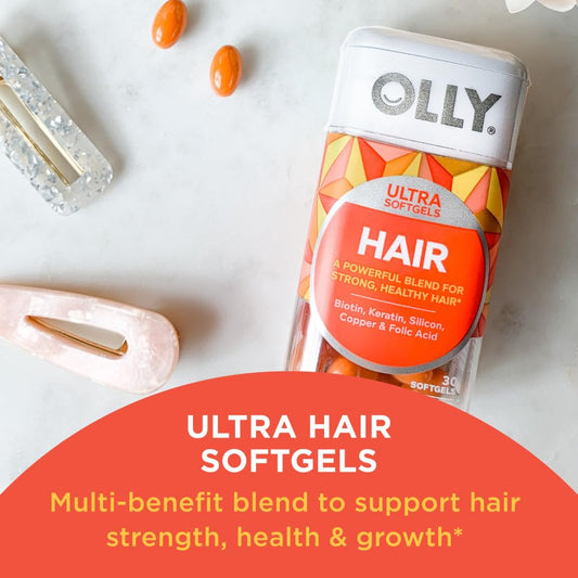 Botella de softgels OLLY Ultra fuerza para cabello con biotina