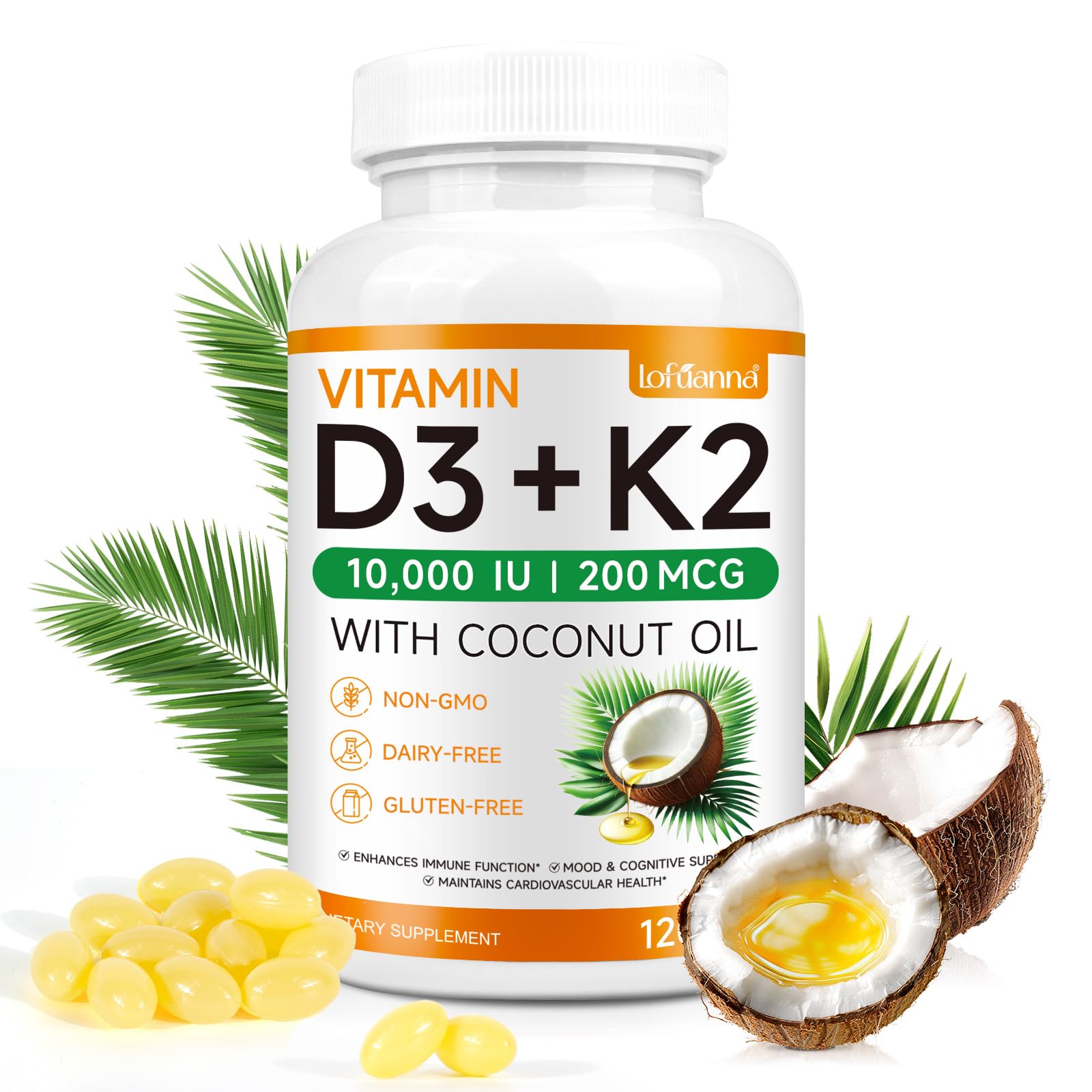 Botella de softgels Vitamina D3 K2 lofuanna