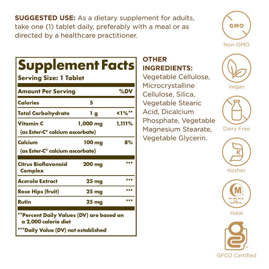 Botella Solgar Ester-C Plus vitamina C no ácida 180 tabletas