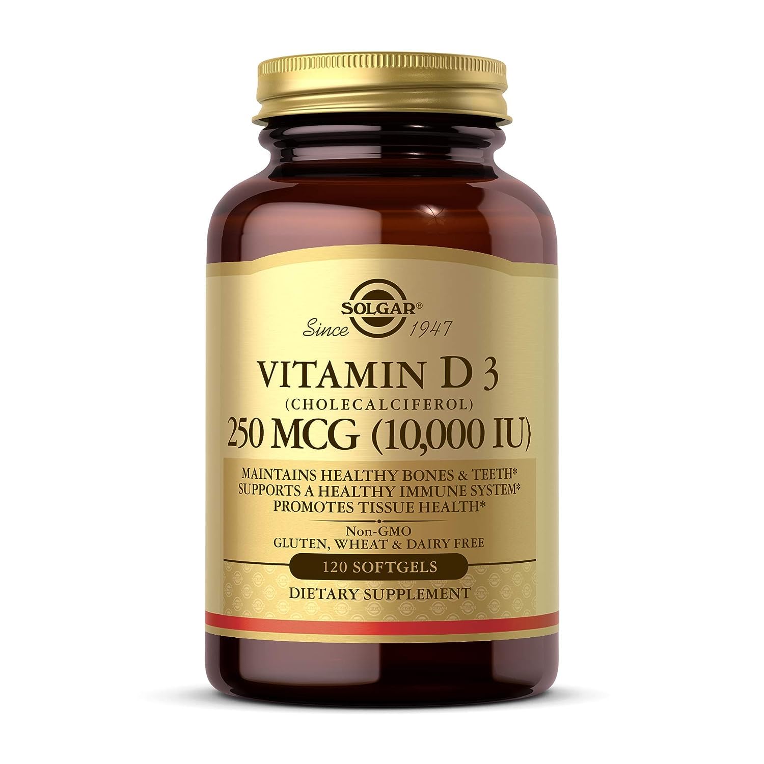 Botella Solgar Vitamina D3 10000 UI 120 cápsulas blandas