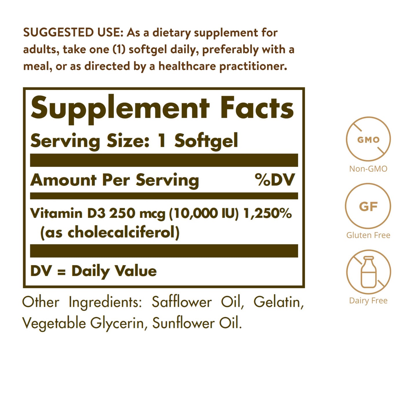 Botella Solgar vitamina D3 250 mcg 10000 iu 180 cápsulas blandas