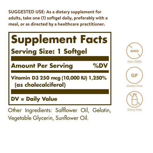 Botella Solgar vitamina D3 250 mcg 10000 iu 180 cápsulas blandas