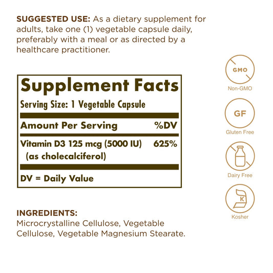 Botella Solgar Vitamina D3 5000 IU, 120 cápsulas vegetales