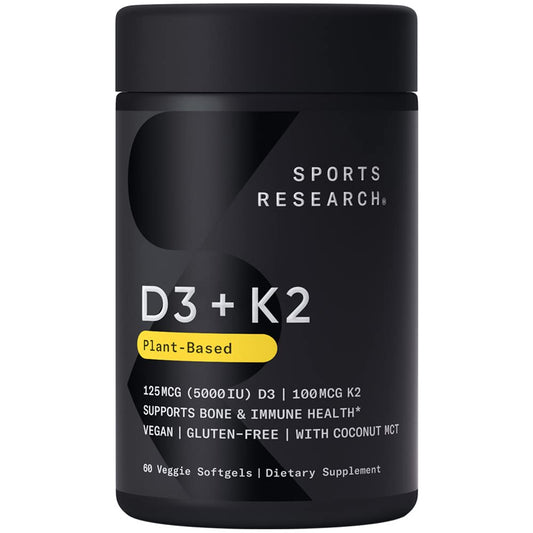 Botella del suplemento Sports Research D3 K2 y colágeno