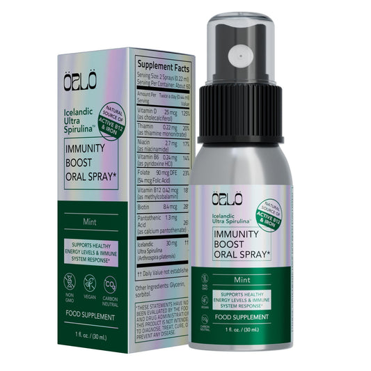 Botella de spray multivitamínico Orlo con espirulina y vitaminas B.