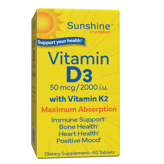 Botella Sunshine vitamina d3 k2 2000 iu 60 tabletas para salud