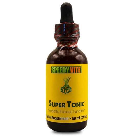 Botella de Super Tónico Herbal SpeedyVite con etiqueta amarilla.