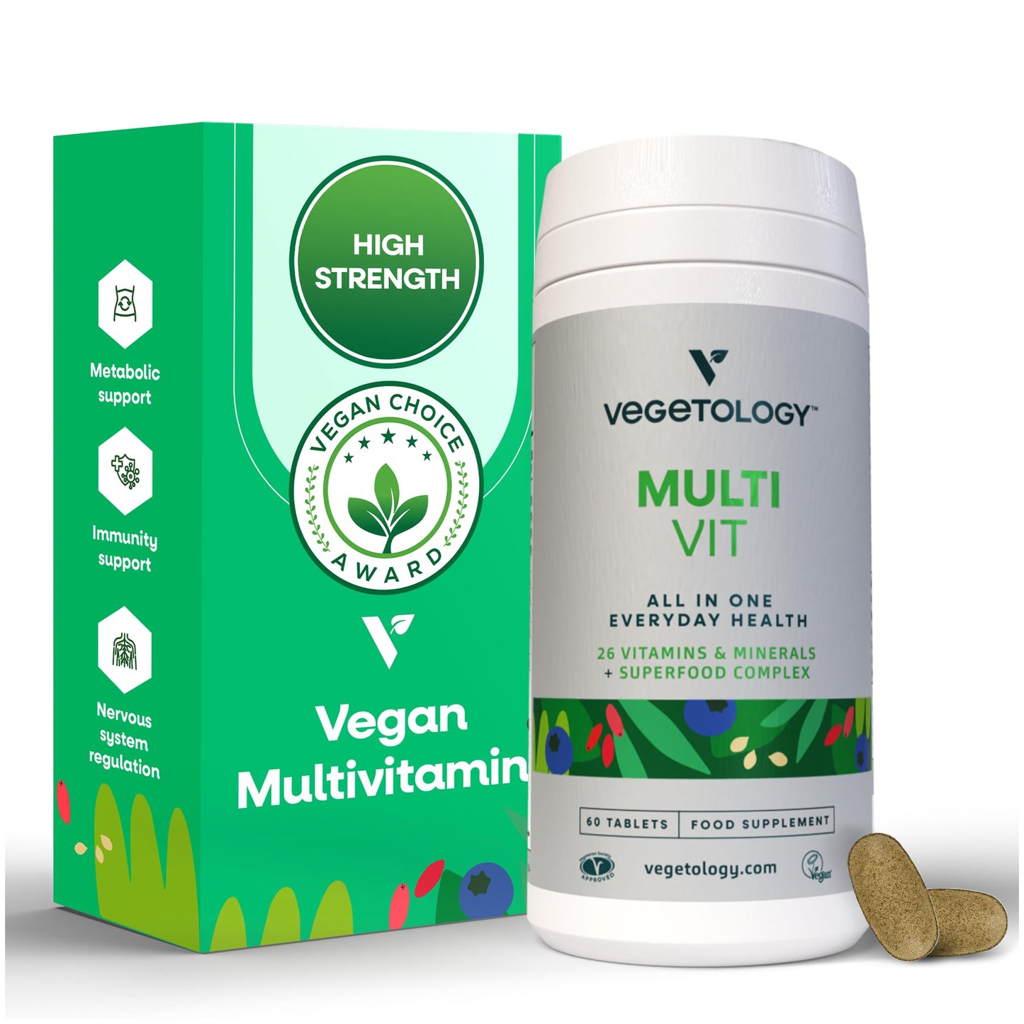 Botella del suplemento multivitamínico vegano Vegetology