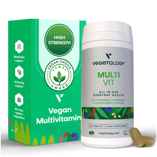 Botella del suplemento multivitamínico vegano Vegetology