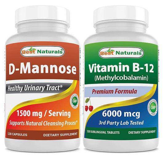 Botella de suplemento Best Naturals D-Manosa y Vitamina B12