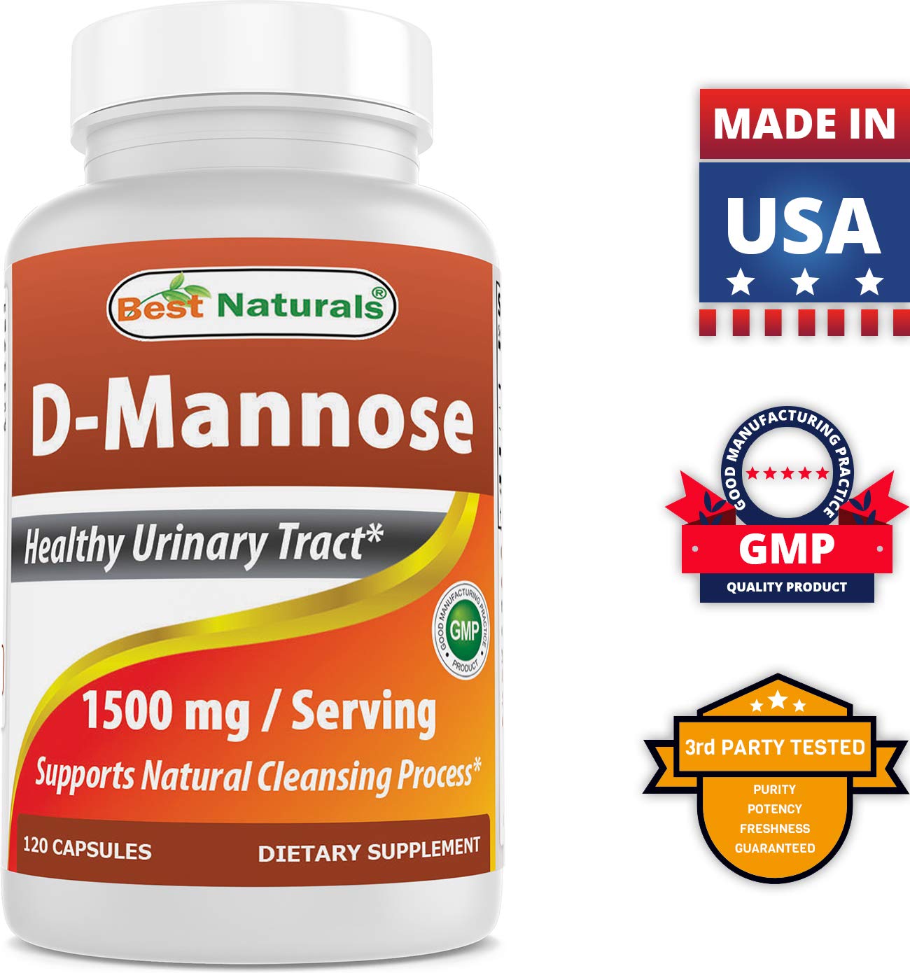 Botella de suplemento Best Naturals D-Manosa y Vitamina B12 vista frontal