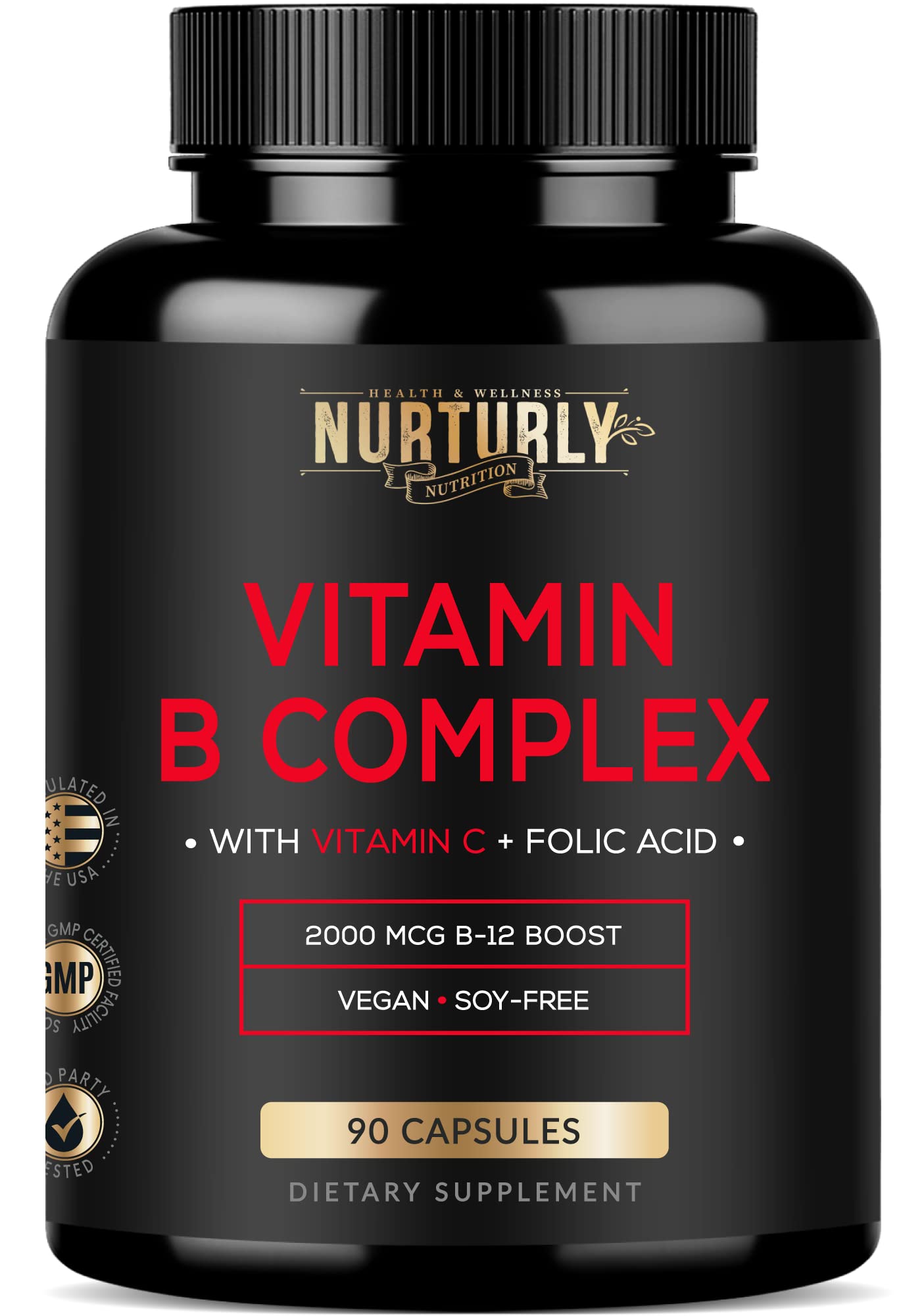 Botella suplemento complejo B NURTURLY con vitamina C 90 cápsulas
