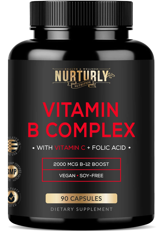 Botella suplemento complejo B NURTURLY con vitamina C 90 cápsulas