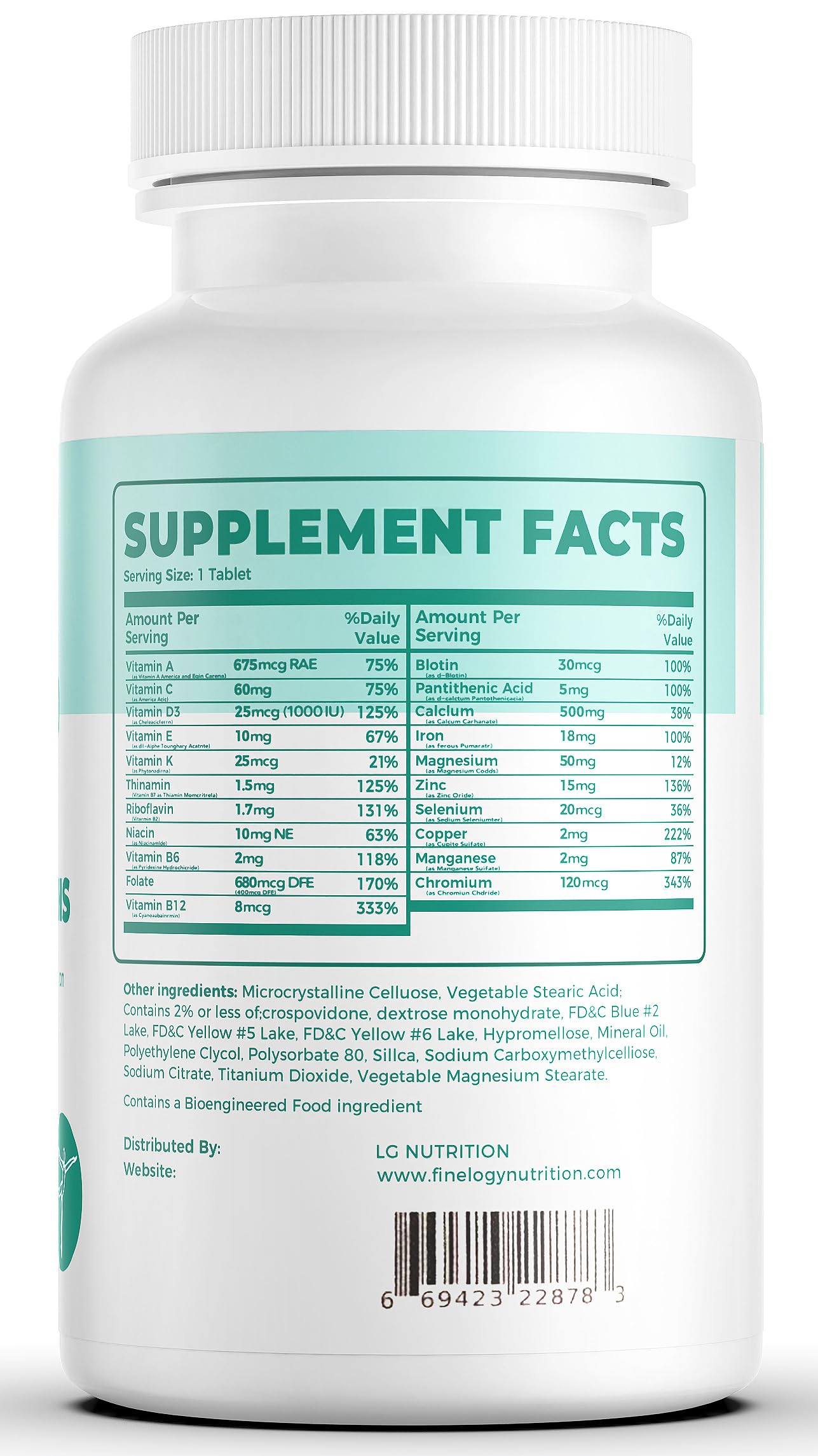 Botella de suplemento Finelogy con nutrientes esenciales para mujeres
