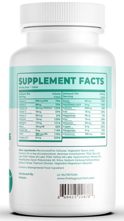 Botella de suplemento Finelogy con nutrientes esenciales para mujeres