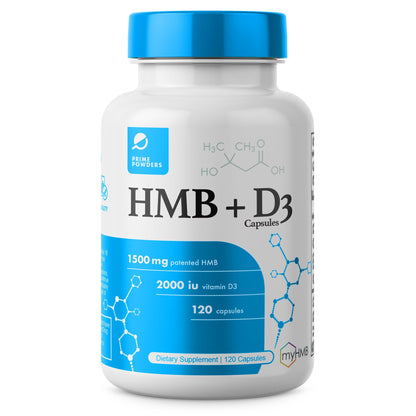 Botella suplemento HMB y vitamina D3 Prime Powders 120 cápsulas